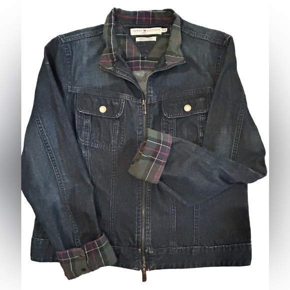 Tommy Hilfiger Dark Blue Jean Jacket with Plaid Accents - Picture 1 of 15